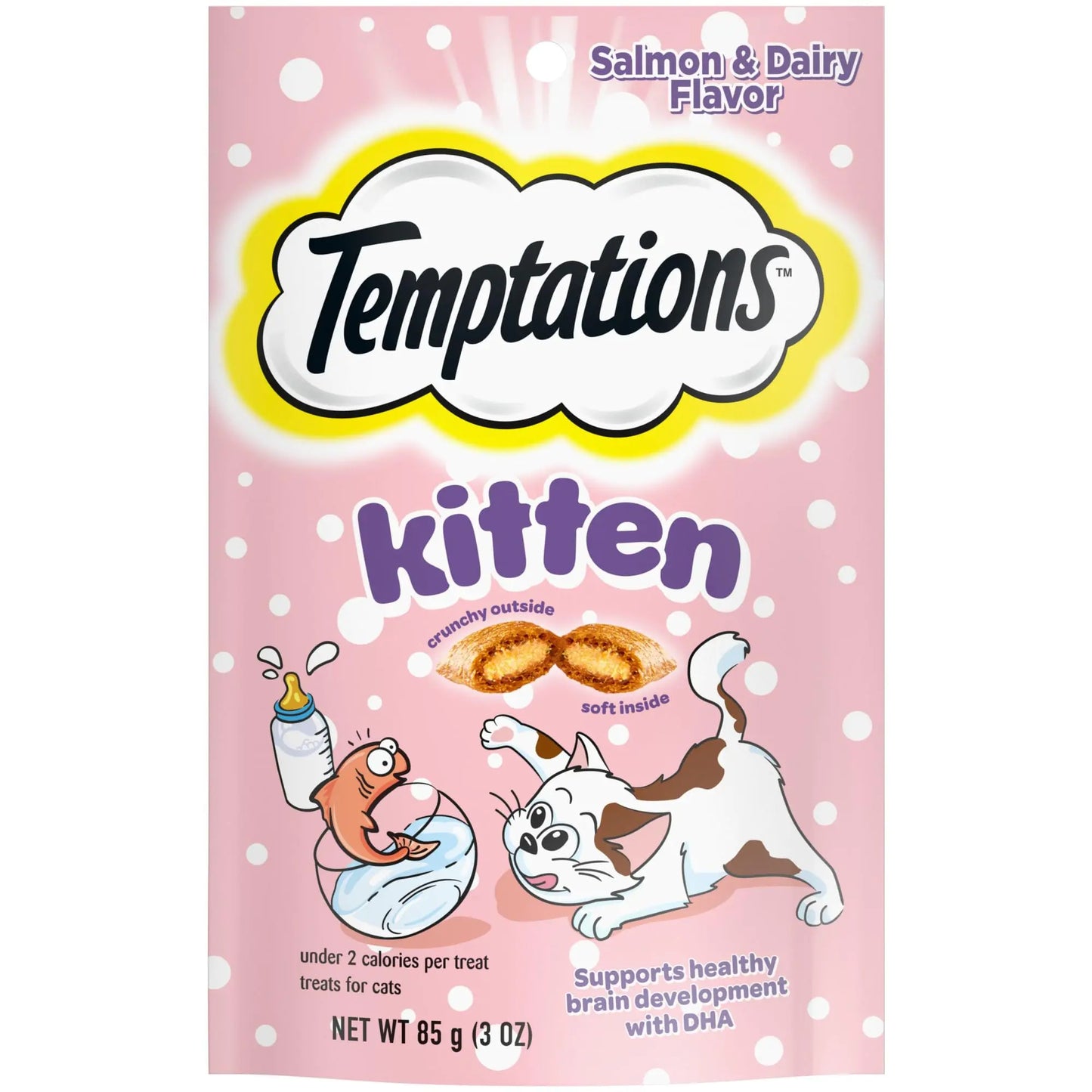Temptations Salmon and Dairy Flavor Crunchy and Soft Kitten Treats 3 oz.