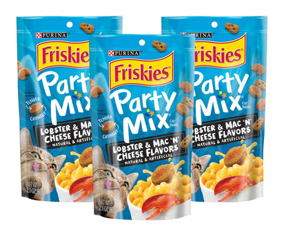 Purina Friskies Party Mix Cat Treats Lobster & Mac ‘n’ Cheese Flavors Crunchy & Tender Texture Cat Treats or Cat Snack 2.1 Ounce Pouch (Pack of 3)